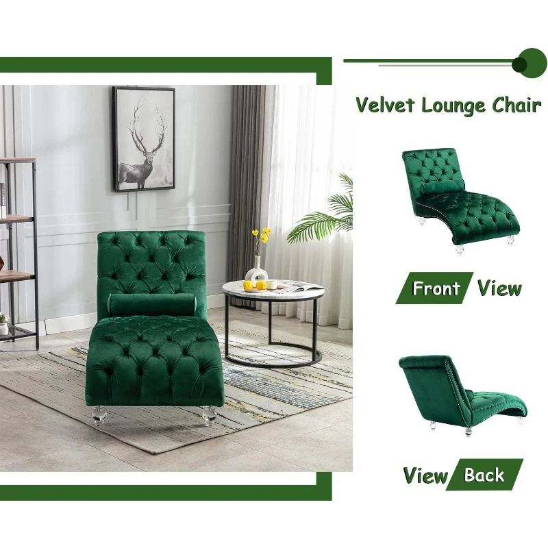 Velvet Chaise Lounge Chair with Toss Pillow, Modern Tufted Button Lounge Chair with Acrylic Legs