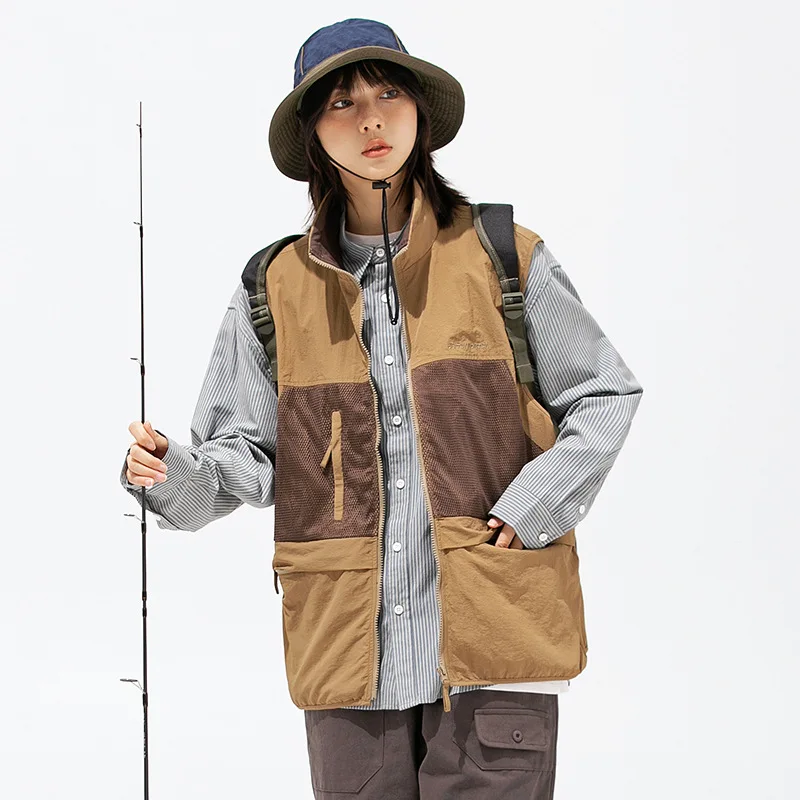 Werkkleding Outdoor Vest Heren Japanse Lente Mode Retro Functionele Splice Tank Top Losse Staande Kraag Jas