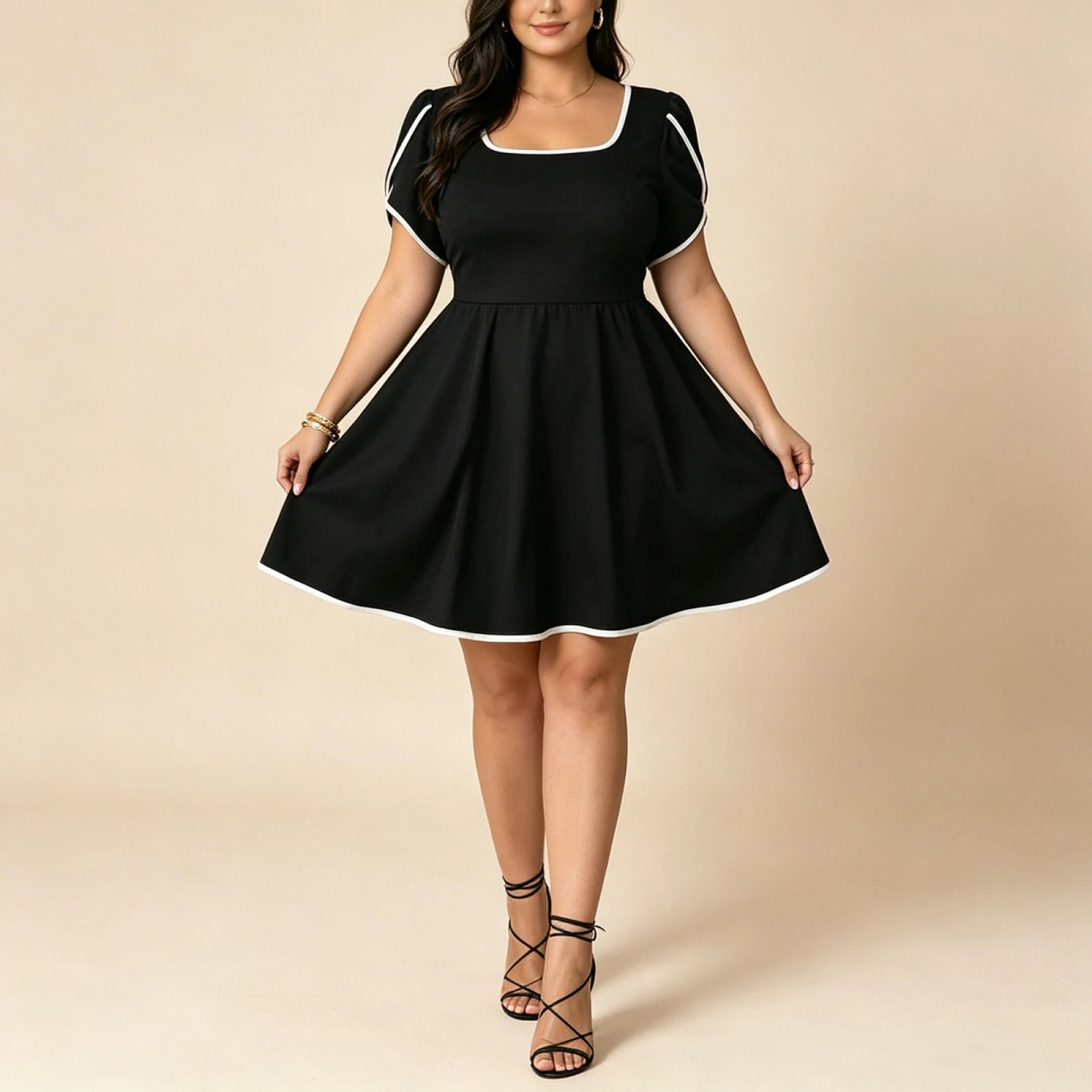 

2026 Summer Womens Fit and Flare Dress Sexy Ladies Plus Size White Trim Short Sleeve Square Neck Mini A Line Dresses for Party