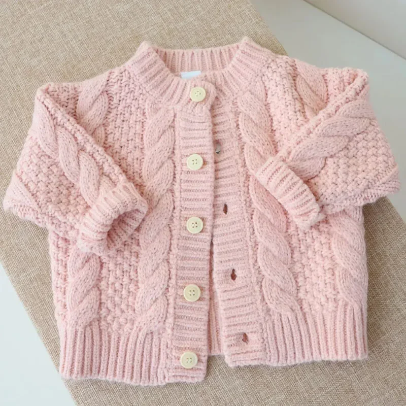 Super Western-style Soft Glutinous Twist Girl Sweater Korean Children's Solid Color Sweater Baby Girl Loose Knitted Cardigan