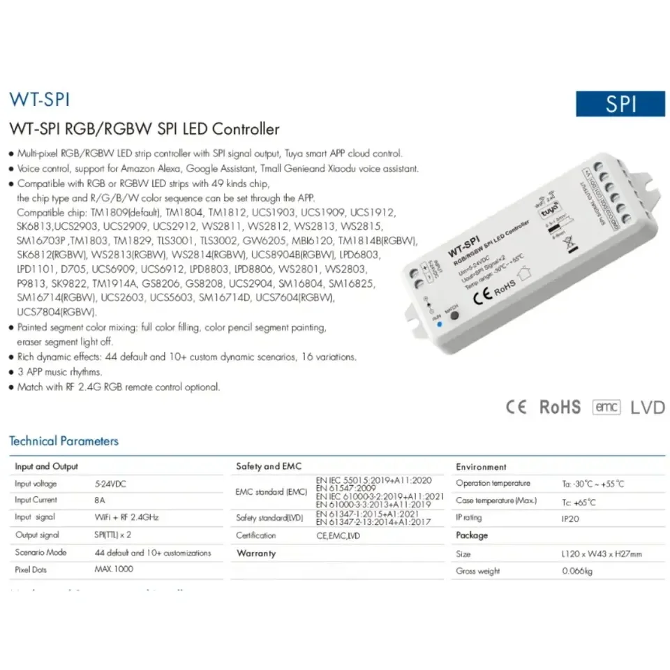 SPI LED Controller DC5V-24V Tuya WiFi WT-SPI/WZ-SPI Zigbee+RF Controller For WS2811 ws2812 ws2815 SK6812 RGB/RGBW LED Strip