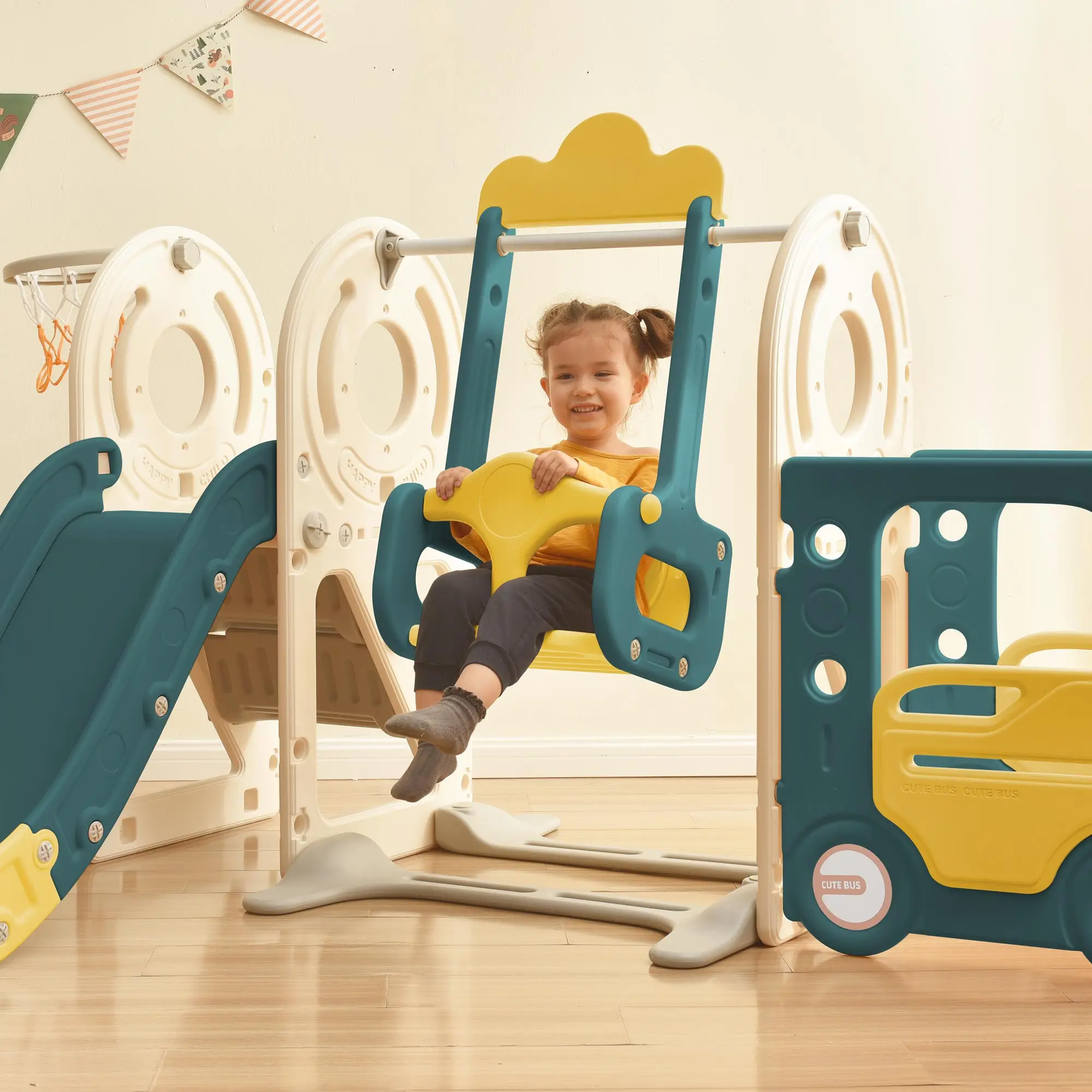 Swing-N-Slide avec structure de jeu pour enfants, jouet de bus autoportant avec toboggan et balançoire pour les tout-petits, ensemble de toboggans de bus avec basket-ball Ho