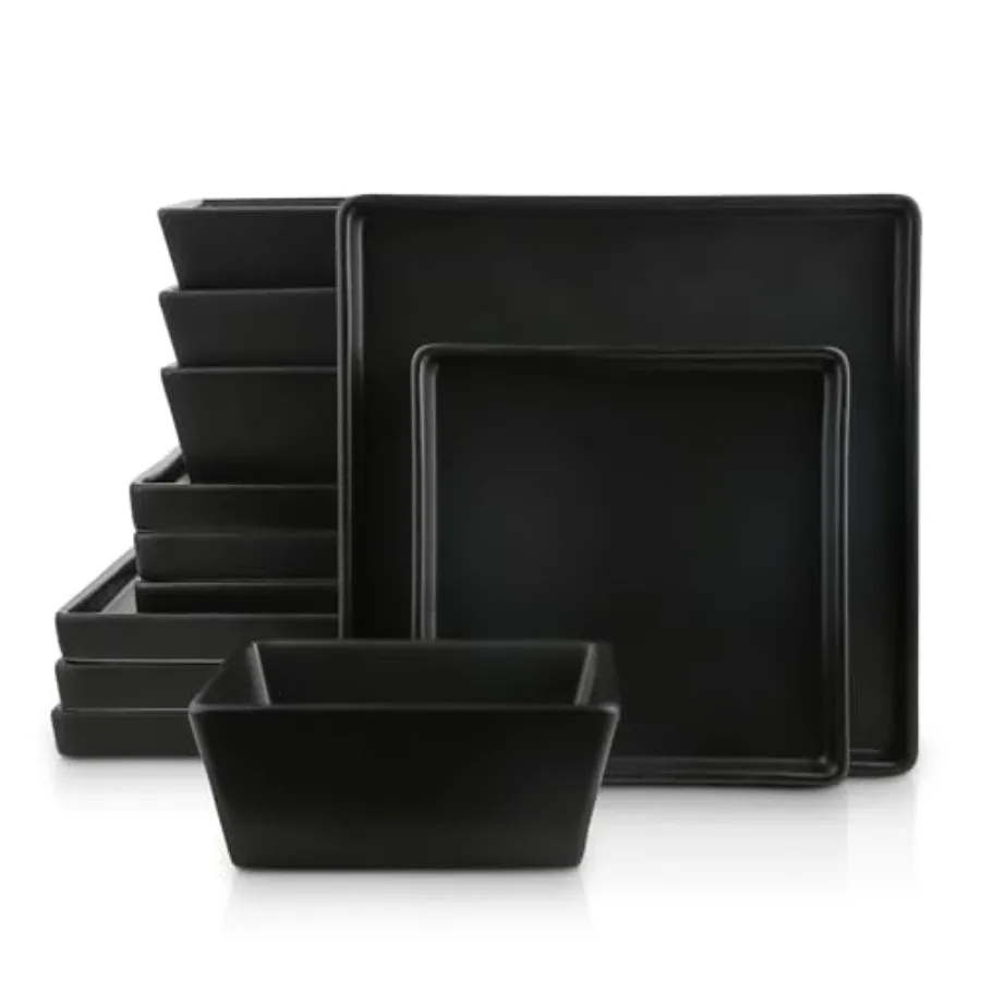 

Набор посуды Grace Square Stoneware, 12 предметов, на 4 персоны, черные тарелки и миски, набор для кухни и столовой.