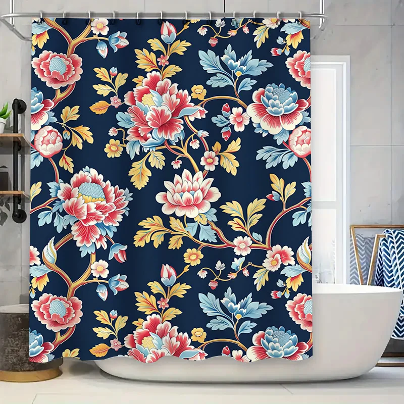

Luxurious Floral Shower Curtain Dark Blue Background with Pink White Flowers Pattern Modern Bathroom Decor Waterproof Fabric for