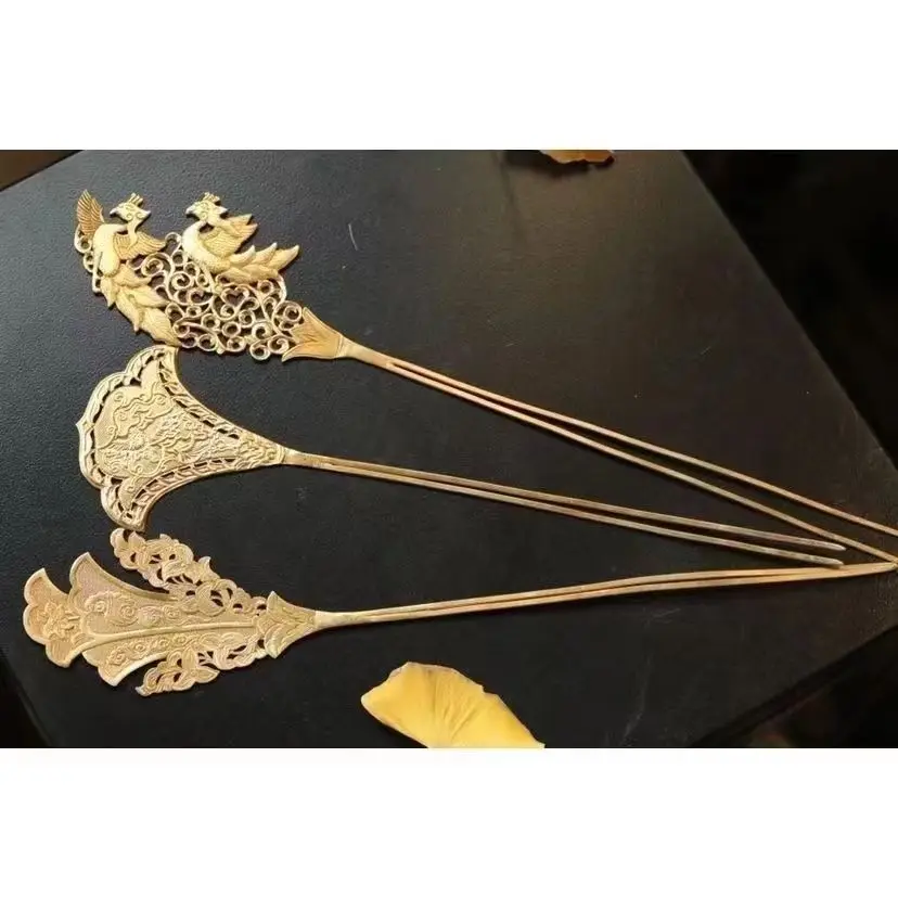 Copper Plated Gold Chisel Engraving Restoration Tang Dynasty Hairpin  Accessories Antique Gold and Silver Jewelry Hairpin Bride