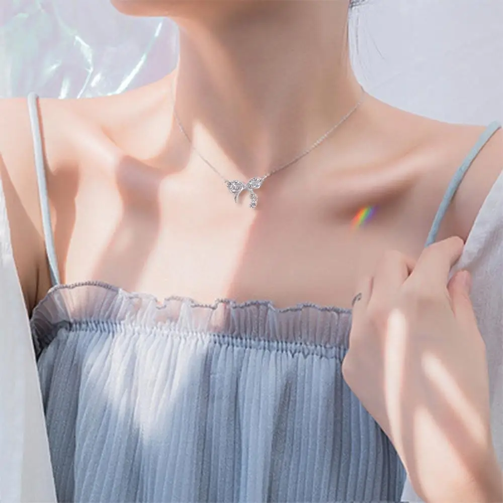 سلسلة الترقوة الفضة Bowknot قلادة الحب القلب قلادة مجوهرات اكسسوارات القوس قلادة قلادة حجر الراين المختنق #3