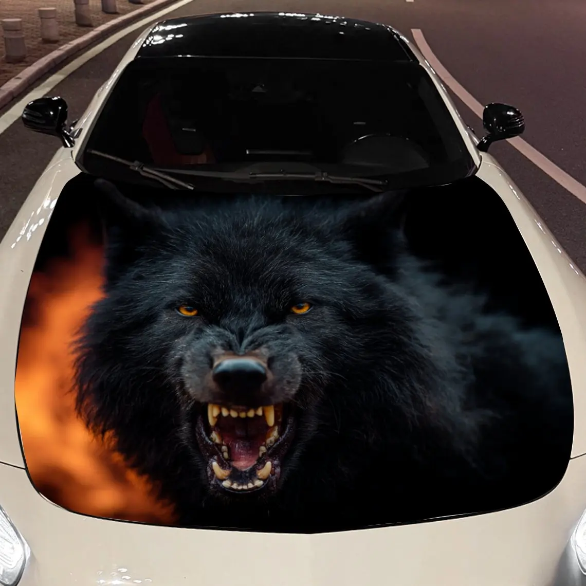 

Car Decals Ferocious Black Wolf with Bared Fangs amidst Fiery Flames Car Hood Sticker, Waterproof Self - Adhesive Vinyl Graphics