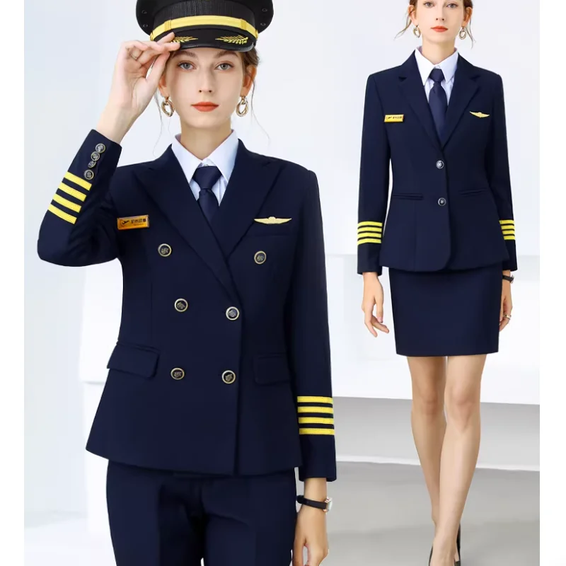 

Airline Pilot Female Captain Blue Uniform Professional Suit
