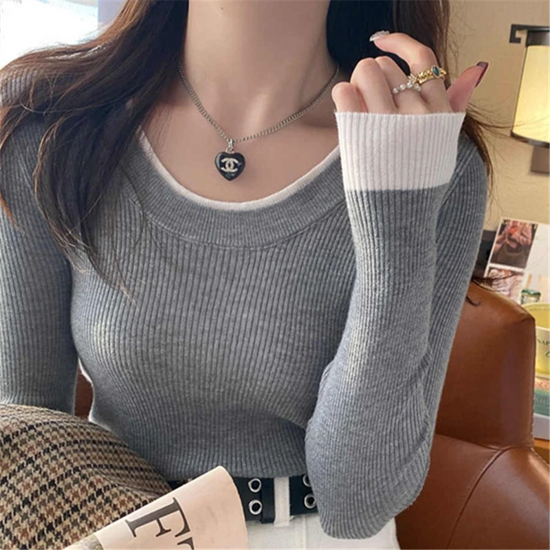 Grey Crew Neck Color Block Women Sweater 2026 Autumn Winter New Design Knit Base Pullover Long Sleeve Inner Wear Tops