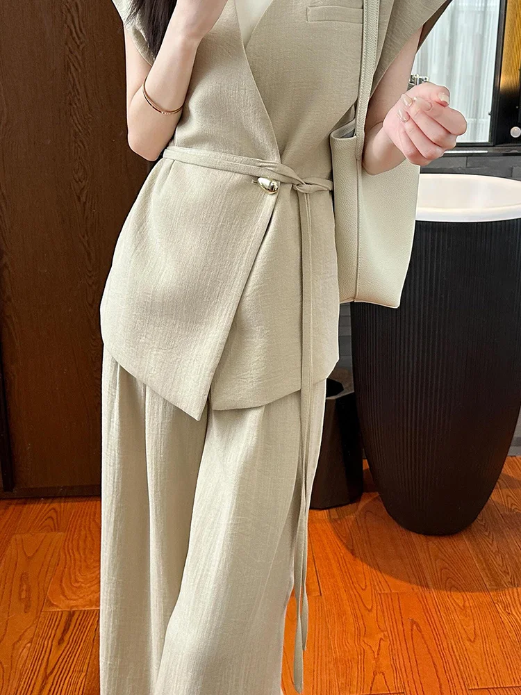 New Summer Luxury High End Two Piece Set Women Fashion V-neck Lace Up Vest Top + Wide Leg Pants Casual Women's Tracksuit