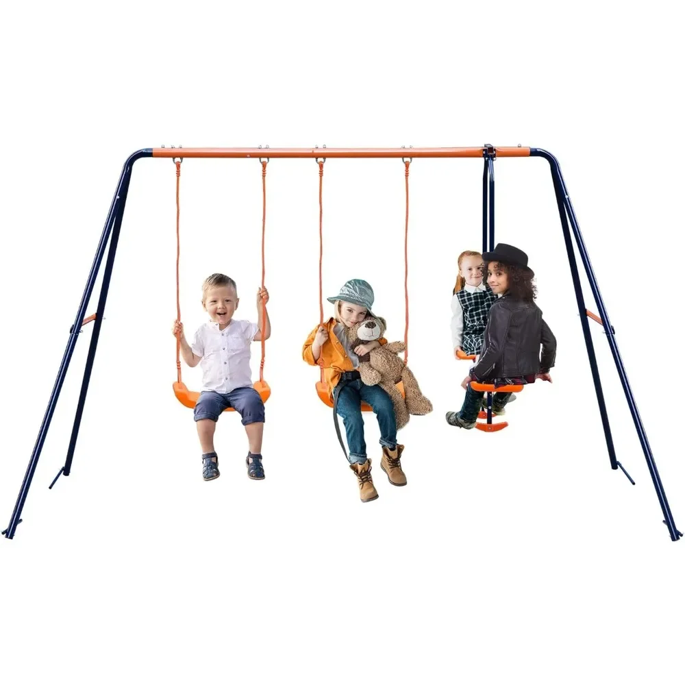 Kids Play and Swing Set for Backyard 2 Seat 1 Glider 440 lbs Heavy Duty Metal A-Frame Swing Stand for Ages 3-8 Children