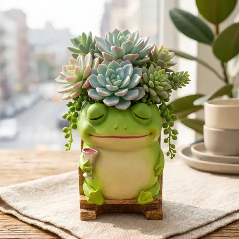 Resin Frog Planter Cute Cartoon Animal Succulent Pot Tabletop Garden Ornament Home Desk Decor For Kids Teens Women Birthday Gift