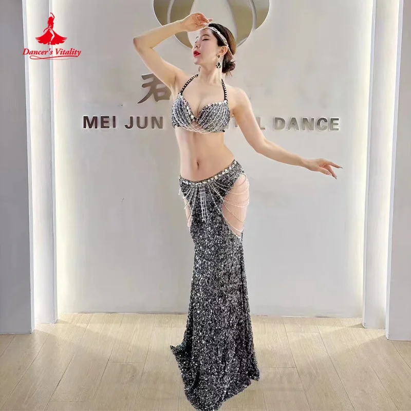 BellyDance-Costume de Luxe Personnalisé avec Soutien-Gorge et Jupe Longue à Paillettes, Vêtements de Performance Professionnelle