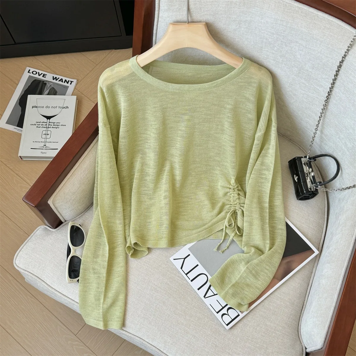 Damen Sexy Transparentes Crop-Top mit Kordelzug und Langen Ärmeln, Sonnenschutz-Überwurf, Trendige Casual Bluse in Petite-Größen – Detail 20