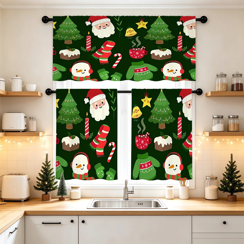 Christmas Kitchen Curtains, Cartoon Santa Snowman Cake, Digital Print, Kitchen Dining Room, Rod Pocket Polyester, Home Decor