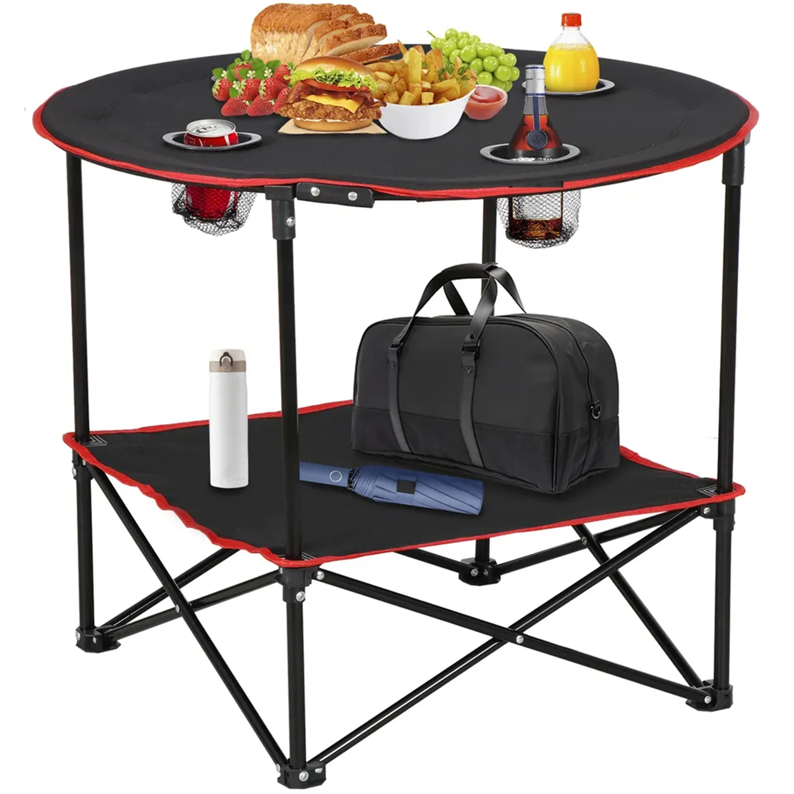 Portable Folding Picnic Table with Storage Bag, Outdoor Camping Table, Black and Red