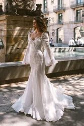 MisShow New Lace Wedding Dress For 2024 Brides Elegant Off-shoulder Flare Long Sleeve Mermaid Train Bridal Gowns