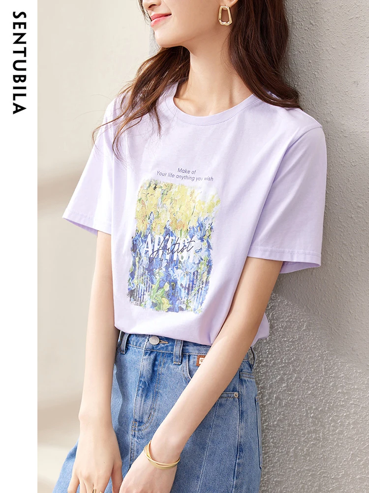 SENTUBILA 100% Cotton Art Print T Shirt for Women 2024 Casual Straight Summer Tops Short Sleeve Womens Basic Tee Shirt 132T47969