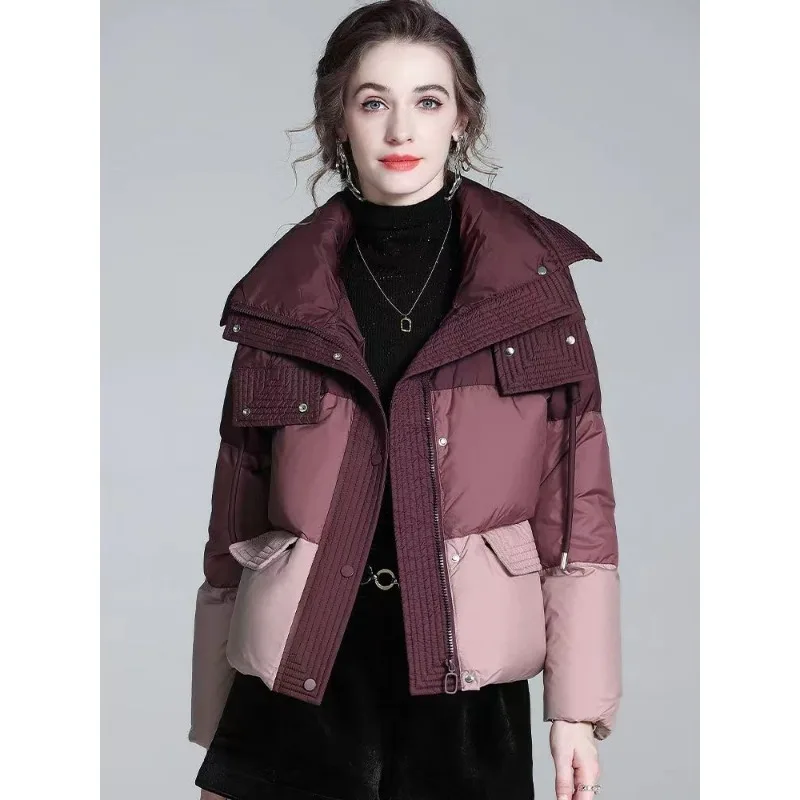 Trendy Women's Cotton Coat New High-end Color Block Fashion Ancora Red Commuter Cotton Jacket Hooded Bread Coat Outerwear