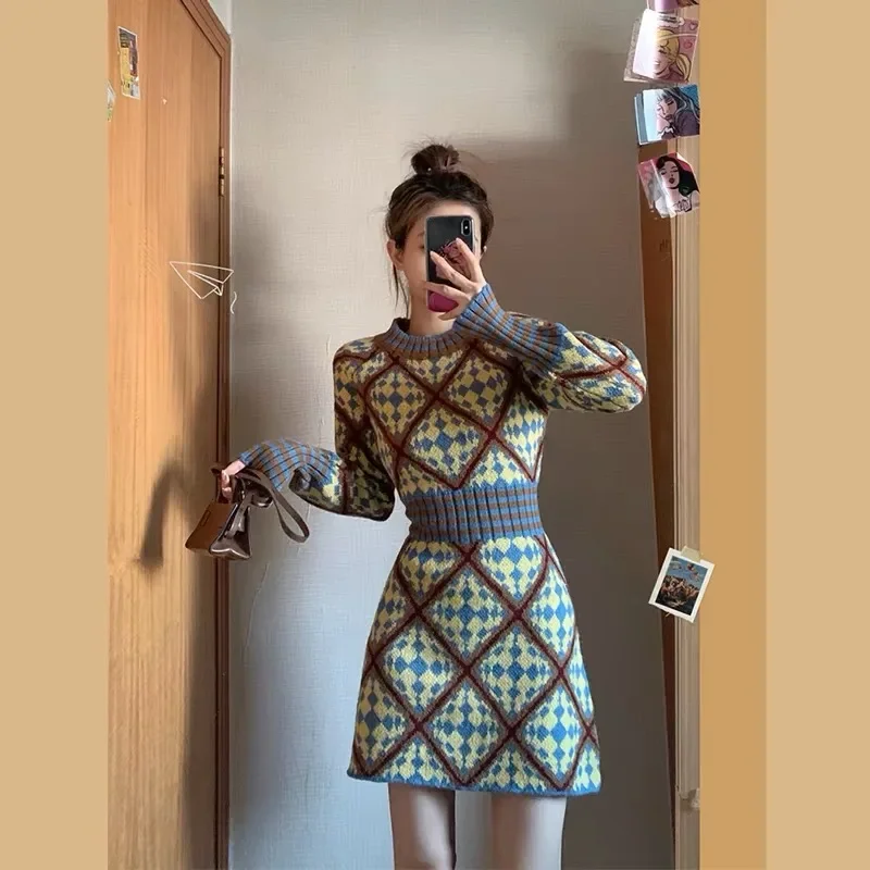 

Autumn Winter Thick High End Jacquard Knitted Pullovers Female Clothing Fashion Commute Warm Elegant Dresses XQ316