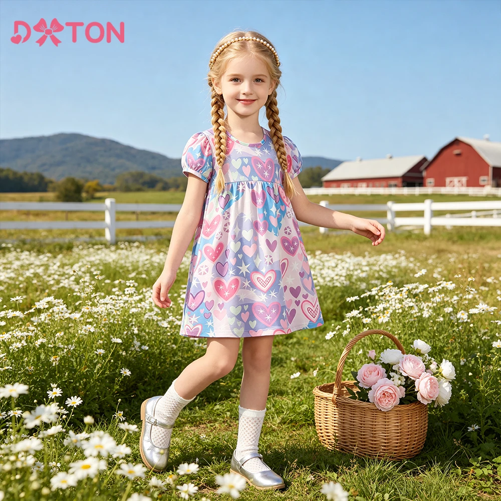 DXTON Sommerkleidung für Kinder, Baby-Mädchen-Kleider mit kurzen Ärmeln, Herz-Print, Prinzessinnenkleid für Mädchen, Freizeitkleid für Kinder, Schulkleid