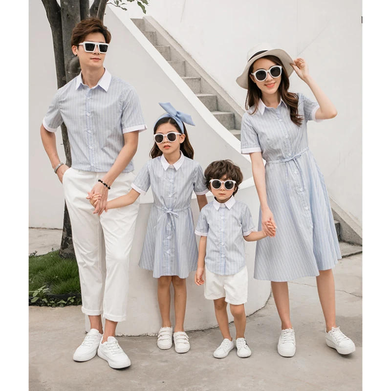 2024 Family Matching Tee Shirts for Dad Mother Daughter Shirt Dresses Striped Blouse Mommy and Me Clothes Mom Son Outfits