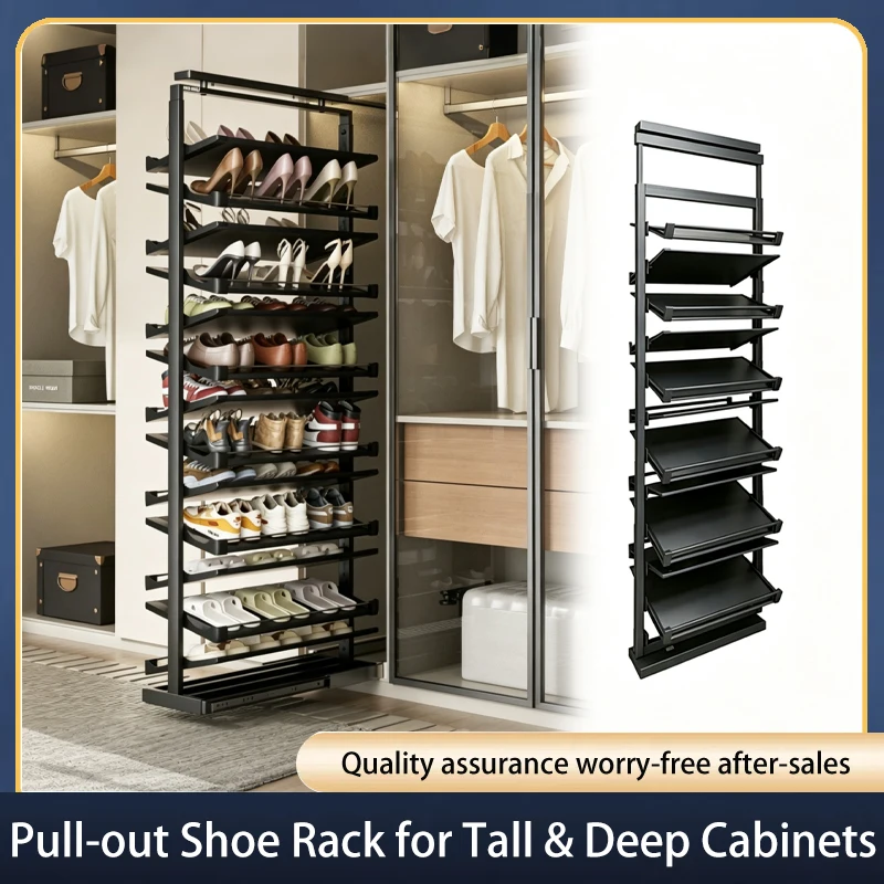 2026 Sturdy Pull Out Shoe Rack Large Capacity For Deep Stair Cabinet Narrow Built In Telescopic Aluminum Side Pull Organizer