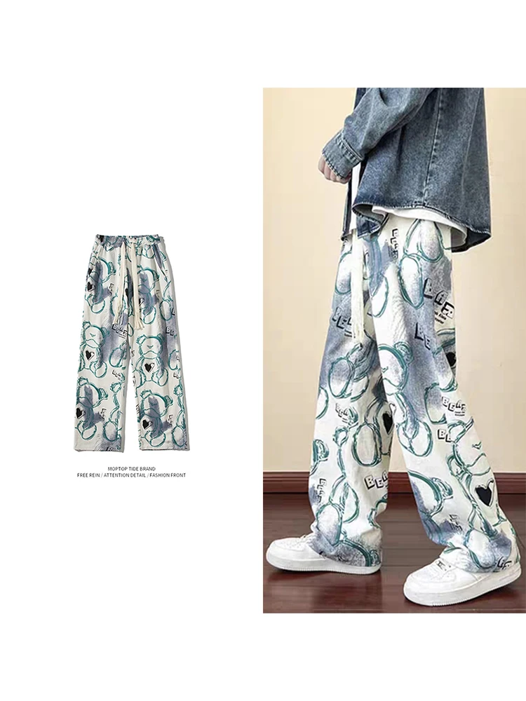 

American Sle Casual Pants Bear Print Loose Wide Leg Men's Loose Fit High Street Hiphop Trousers Design Sensation