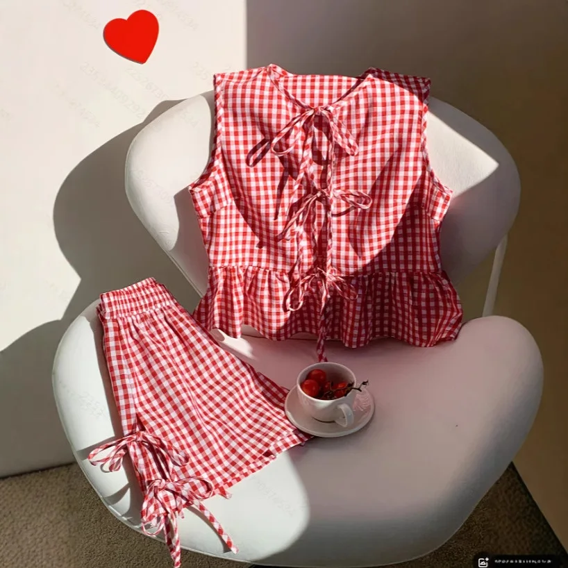 Verão feminino doce rendas até conjuntos de gravata borboleta k-estilo xadrez rendas sem mangas colher pescoço bonito saia de cintura alta conjuntos casuais para senhora