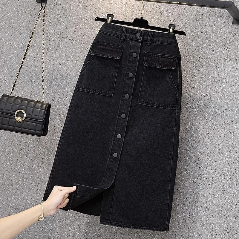 Oversized Women Black Denim Skirts Autumn New High Waist Single Breasted  A-line Ladies Skirts Elegant Slit Midi Jean Skirts