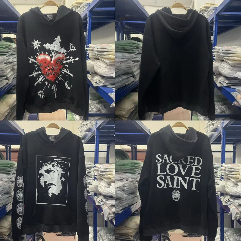 

American Retro SAINT Hoodies Sanskrit Print Hip Hop Washed Do Old Loose Casual Sweatshirts for Men Women