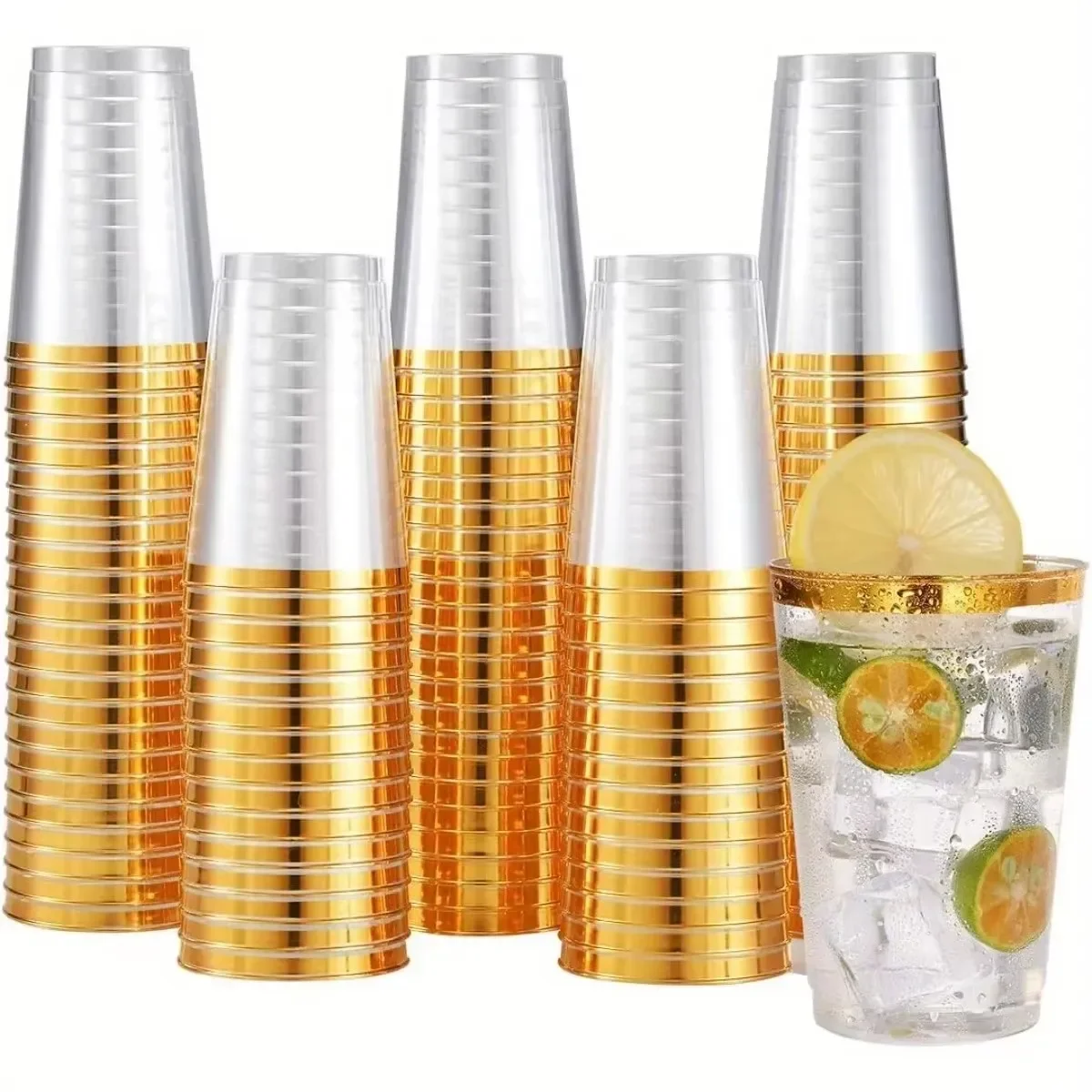 

50/100pcs 10 oz gold plastic cup with gold border, disposable cup perfect for weddings Thanksgiving, Christmas