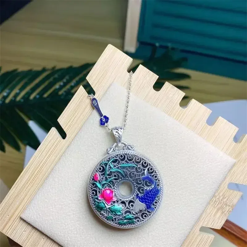 New Silver ColorNational Style Personalized Grilled Blue Fish Play Lotus Safety Buckle Sweater Necklace Ruyi Roasted Jewelry