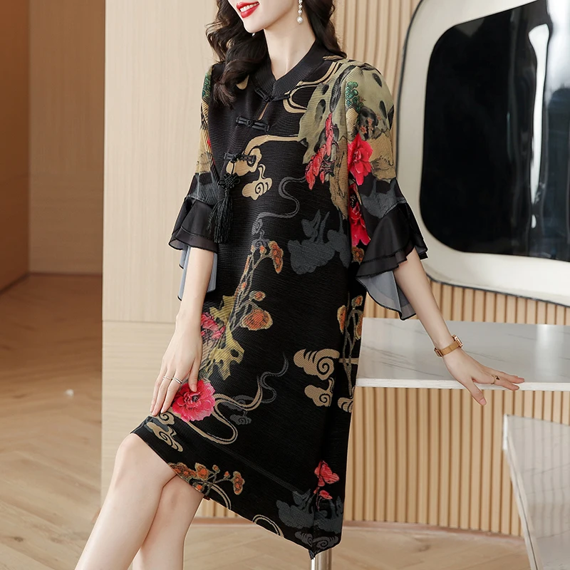 Floral impressão midi dr chinês sle plissado solto encaixe mamãe faion tamanho grande outono novo vestido vintage saia linha a