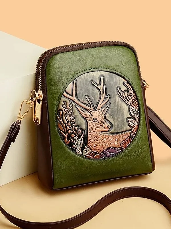 レトロな青鹿柄のエメッドシングルショルダークロスボディバッグ、女性用2026年春ファッション多用途小型携帯電話バッグ