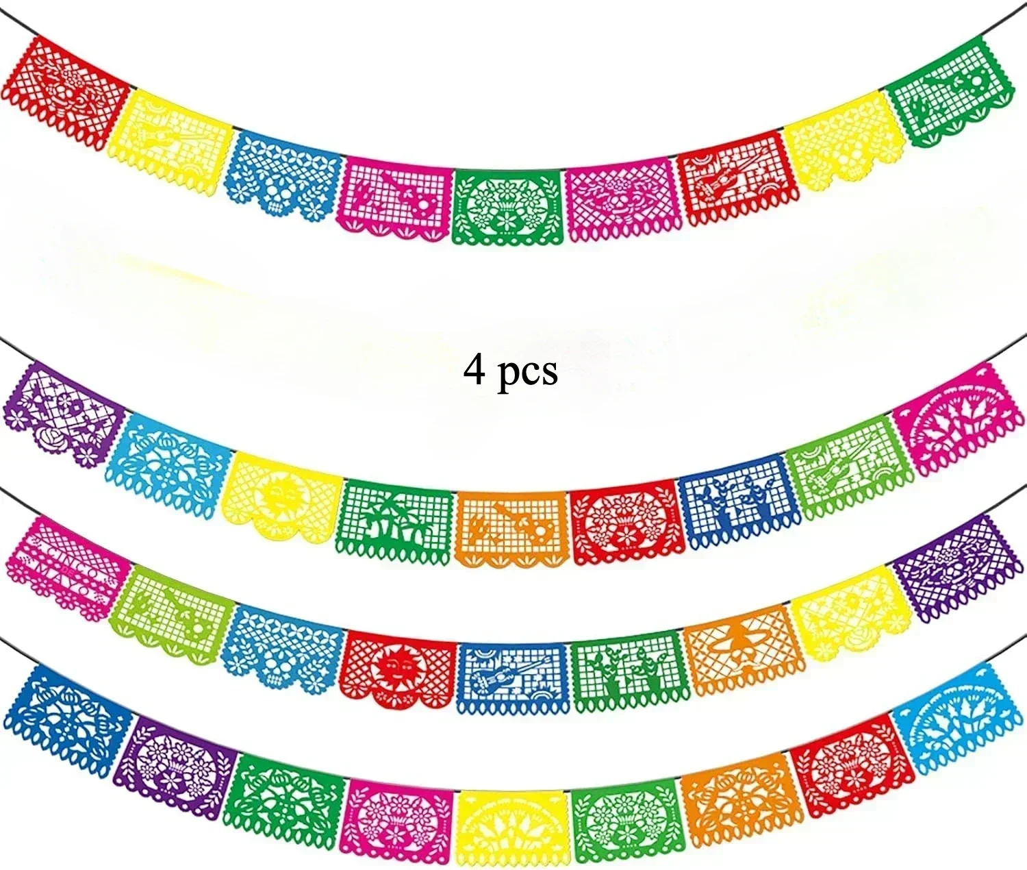 4 PCS Mexican Party Banners,  Plastic Papel Picado Mexico Decor, Easter Decor, ,  Day of The Dead Decoration, 18 Feet Total  ﻿