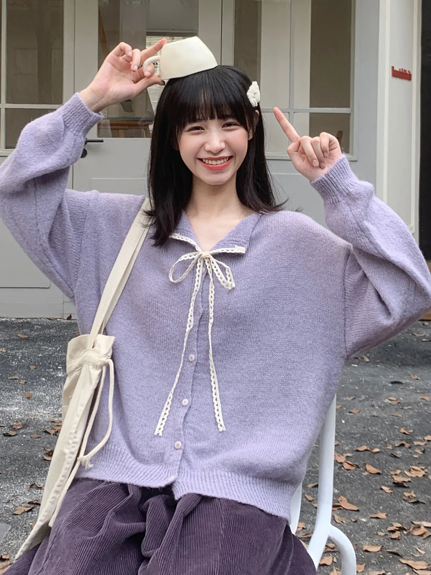 

Свободный фиолетовый вязаный свитер Lazy Sle, кардиган, пальто с поясом, хлопок, полиэстер, весенне-осенне-зимний топ