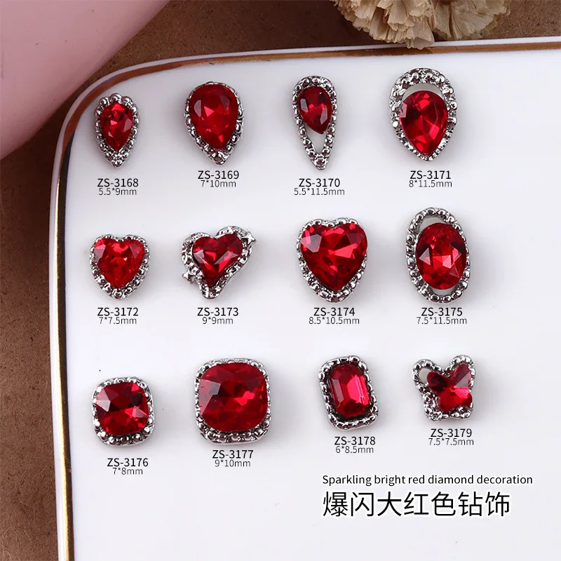 10PCS Luxury Sparkle Big Red Diamonds Full Gems Alloy Edge Nail Art Rhinestones Decorations Manicure Ornaments Accessories