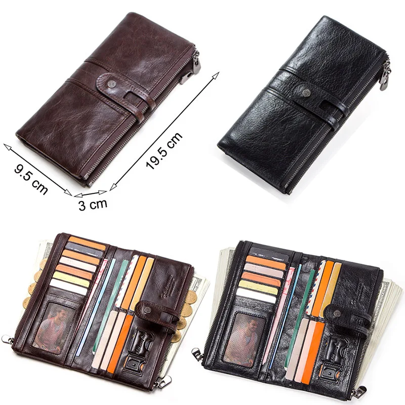 CONTACT'S-Longa Carteira de Couro Genuíno para Homens e Mulheres, Casual Bifold Clutch, Porta-Cartão, Porta Moedas, Clipe de Dinheiro