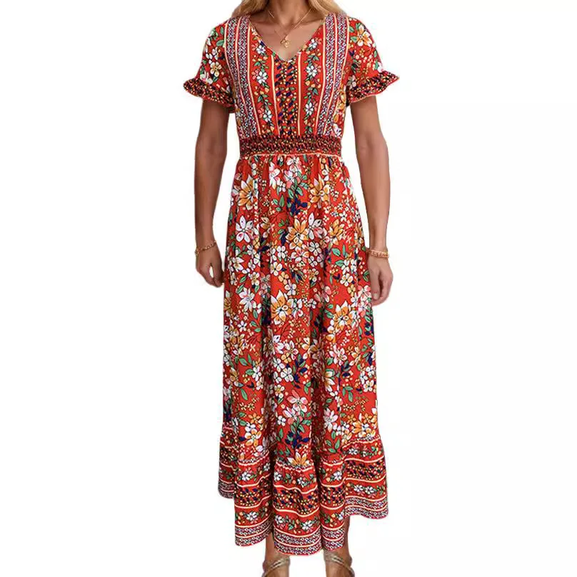BAMBOOBOY Vintage Bohemian Floral Summer Long Dress Printed Women V-Neck Short Sleeve High Waist Ladies Casual A-Line Sundress