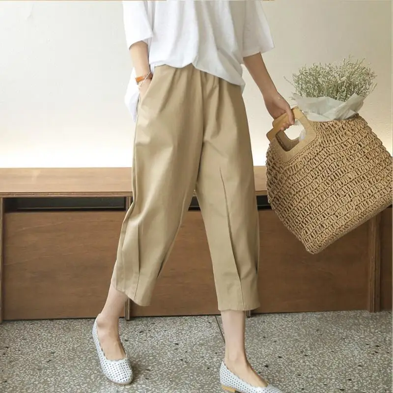 

Summer New Elastic High Waist Loose Casual Harem Trousers Female Solid Color Calf Length All-match Cotton Pants Women's Clothing