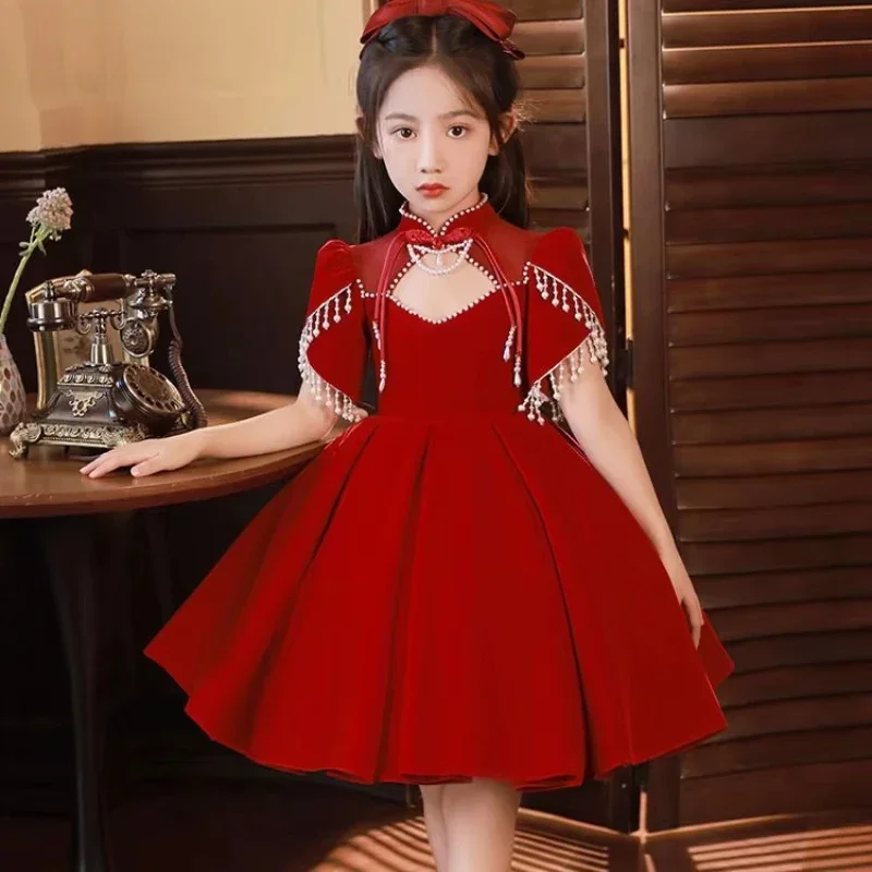 2026 New Red Girls' PrincessElegant Eids,Little Dress, Toddler Birthdayr Dresses Outfit for Party Fairy Gown, KidsGirl Summe