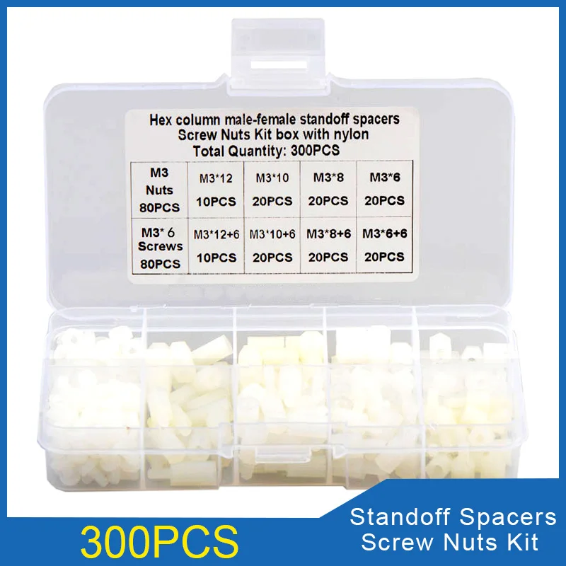 

300PCS Nylon Standoff Spacer Screw Nut Kit M3 White Plastic Spacing Screws Male-Female Screw Hex Column For PCB Motherboard Set