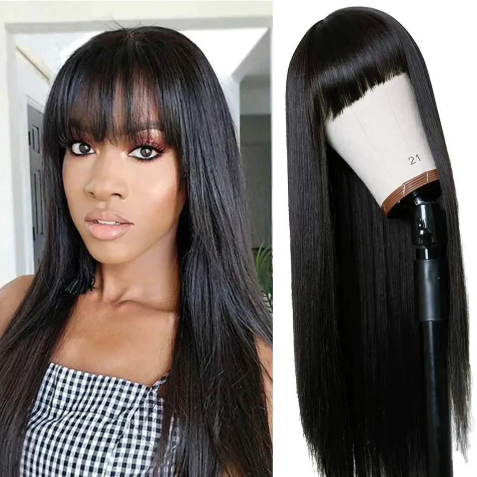 Natural Straight Wig With Bangs 100% Human Hair Wig Without Glue Brazil Full Machine Made Fringe Remy Hair Wigs Ready To Wear