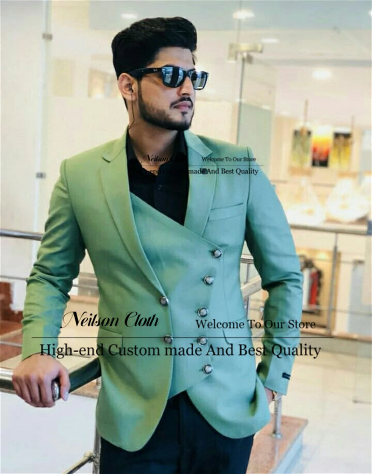 

Fashion Green Jacket Male Prom Blazers Notched Lapel Black Pants Groom Wedding Tuxedos Customized Double Breasted Costume Homme