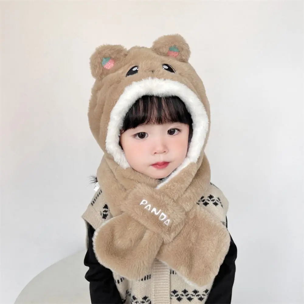 Headwear Cute Scarf Hat Set Cashmere Inside Neck Warmer Children Plush Beanie Full Face Cover With Scarf Solid Neckerchief Girls