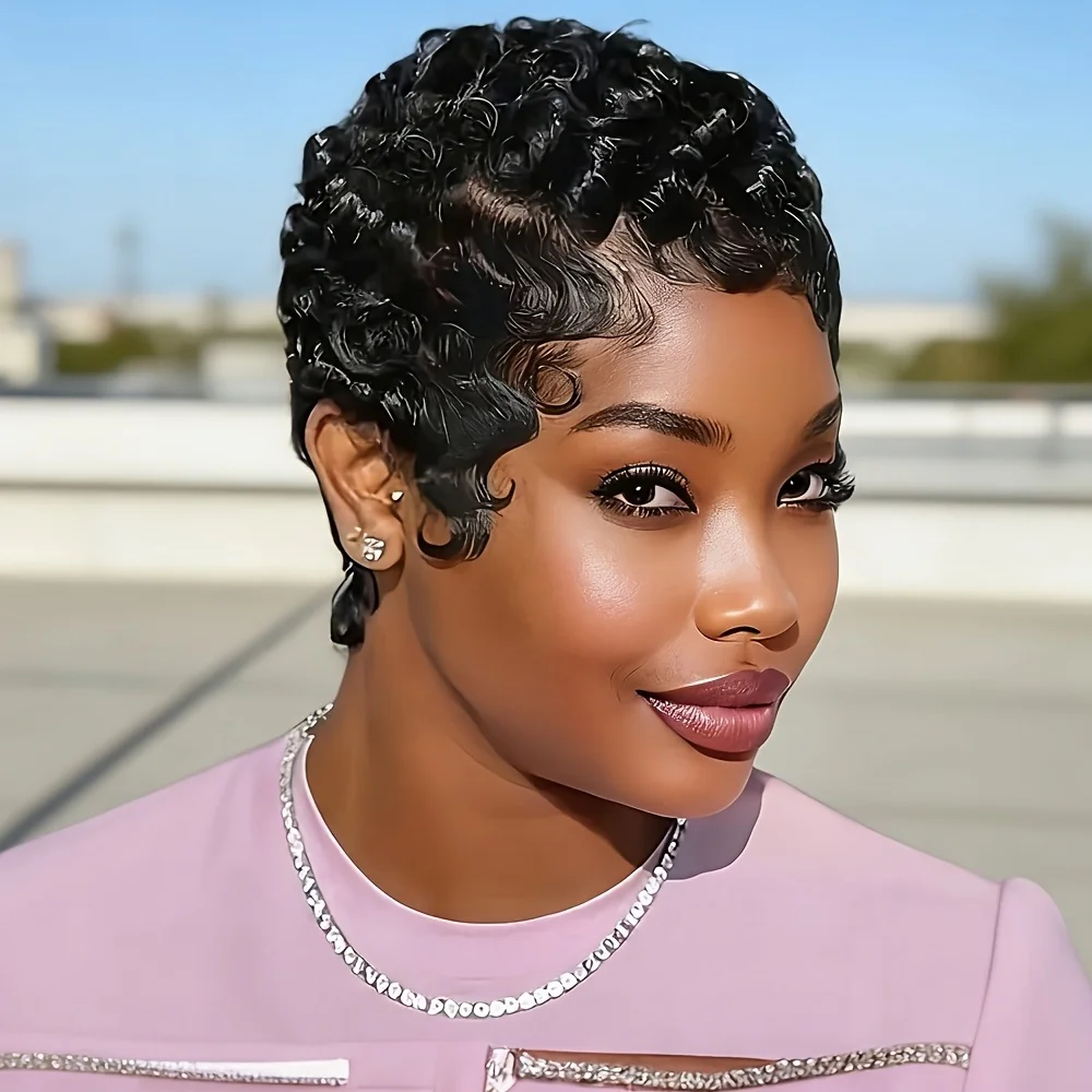 

Парики с стрижкой пикси для женщин Короткие многослойные парики Полный машинный парик с боковой частью Короткая стрижка с челкой Черный цвет 1B