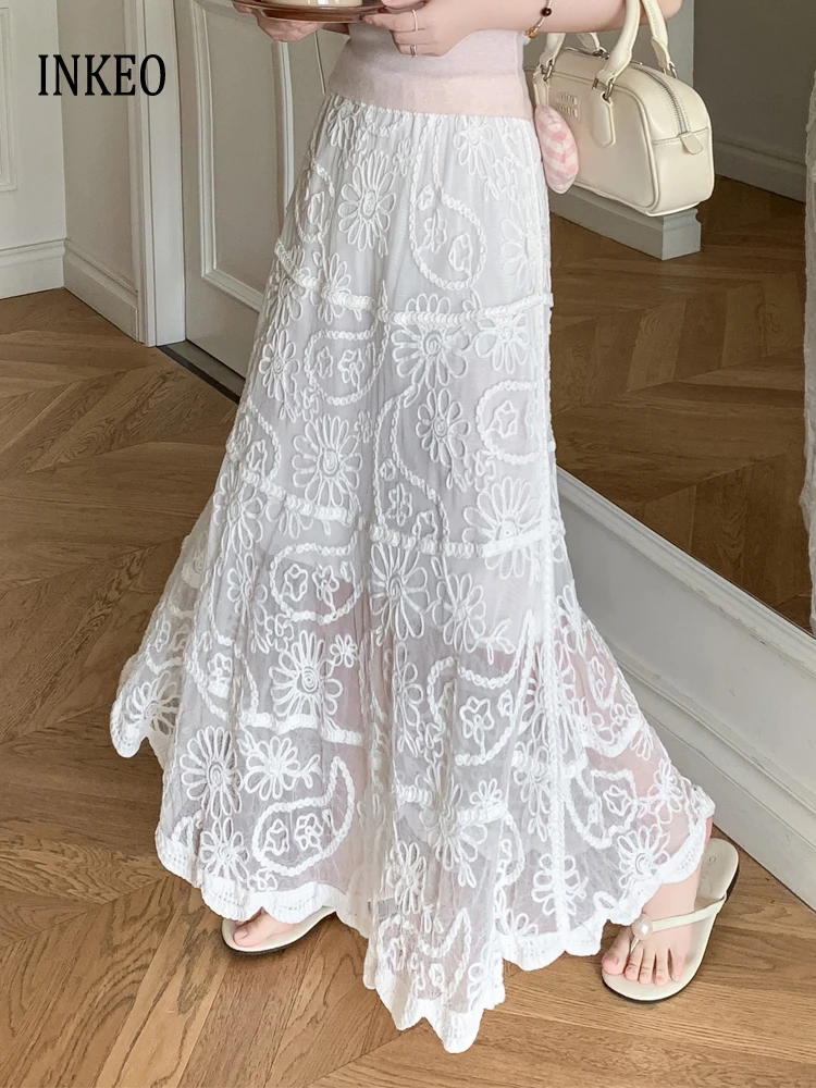 

Luxury Women's Embroidery Long skirt White 2025 Summer Stylish See-through Lace High waist A-line skirt Beach style INKEO 5B005