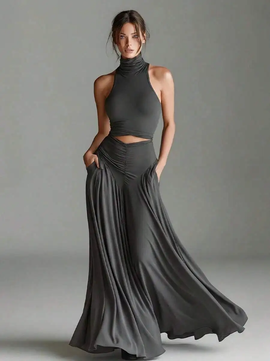 2026 Summer Sleeveless Turtleneck Crop Top & Ruched Pocket Flowy Maxi Skirt Two Piece Minimalist Elegant Matching Set