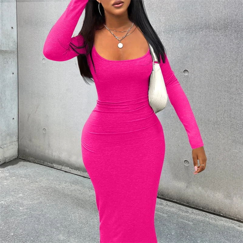 

2024 Solid color elegant long party dresses long sleeve maxi ribbed bodycon dress sexy club spring dresses for girls